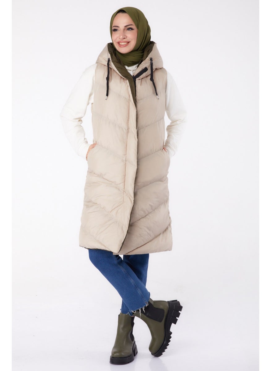 Plain Hooded Collar Women's Beige Khaki Double-Sided Wearable Puffer Vest - 26412