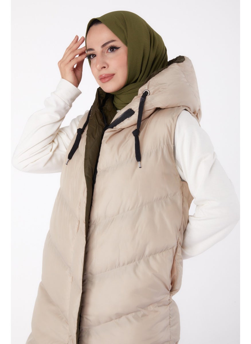 Plain Hooded Collar Women's Beige Khaki Double-Sided Wearable Puffer Vest - 26412