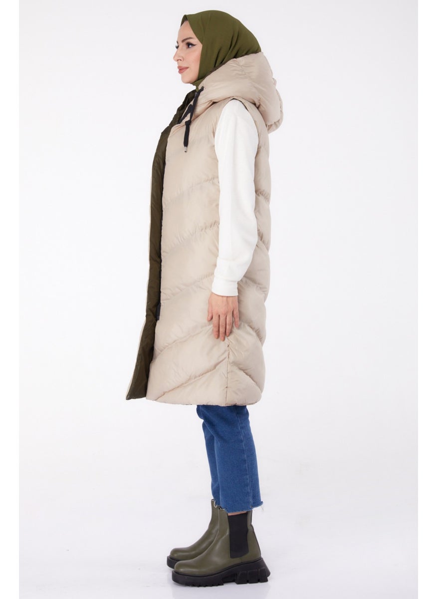 Plain Hooded Collar Women's Beige Khaki Double-Sided Wearable Puffer Vest - 26412