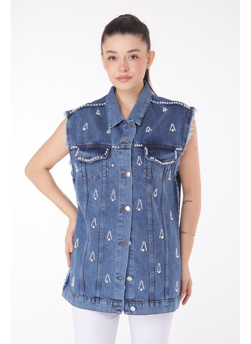 Plain Jacket Collar Women's Blue Stone Denim Vest - 25367