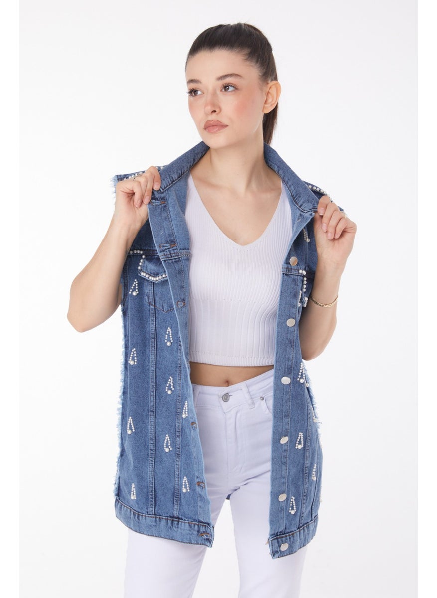 Plain Jacket Collar Women's Blue Stone Denim Vest - 25367