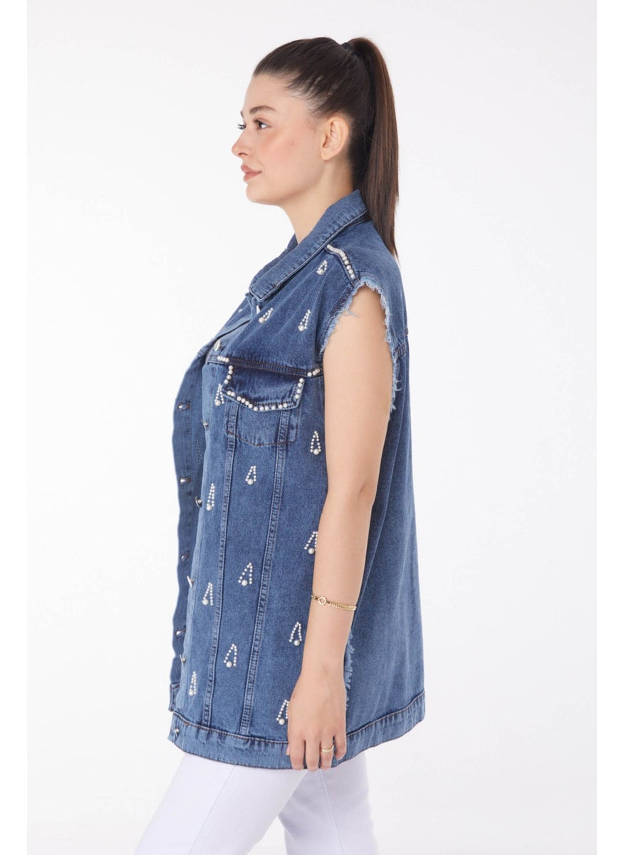 Plain Jacket Collar Women's Blue Stone Denim Vest - 25367