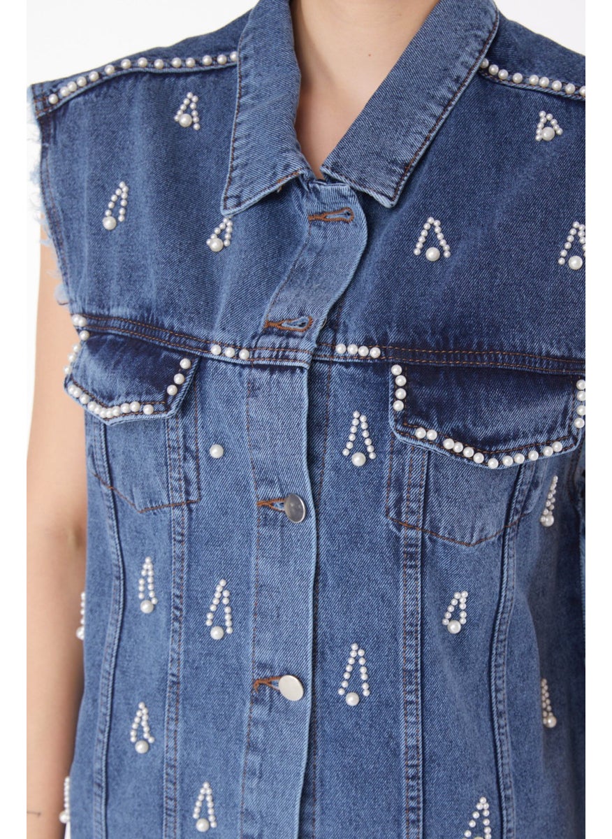 Plain Jacket Collar Women's Blue Stone Denim Vest - 25367