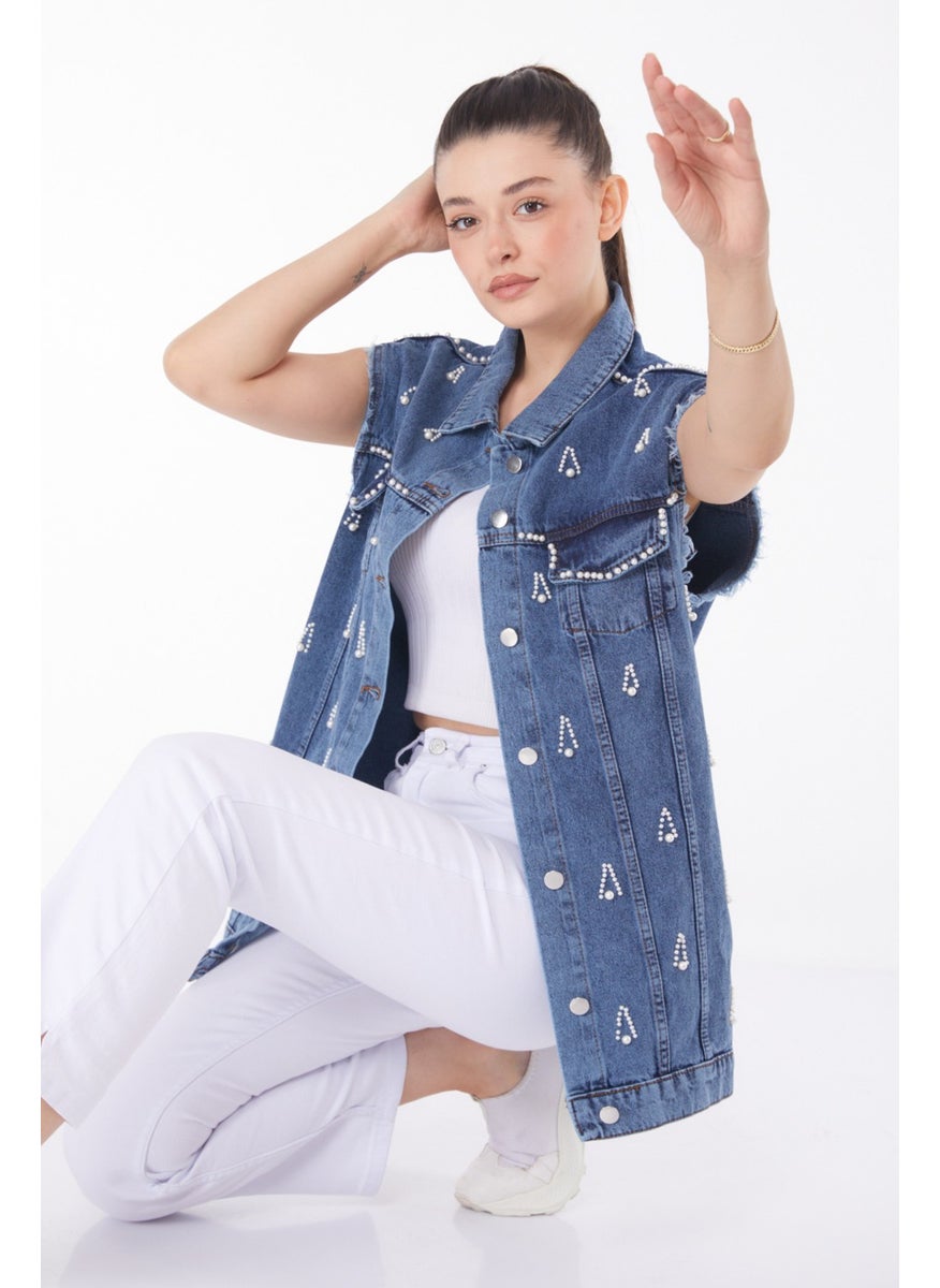 Plain Jacket Collar Women's Blue Stone Denim Vest - 25367