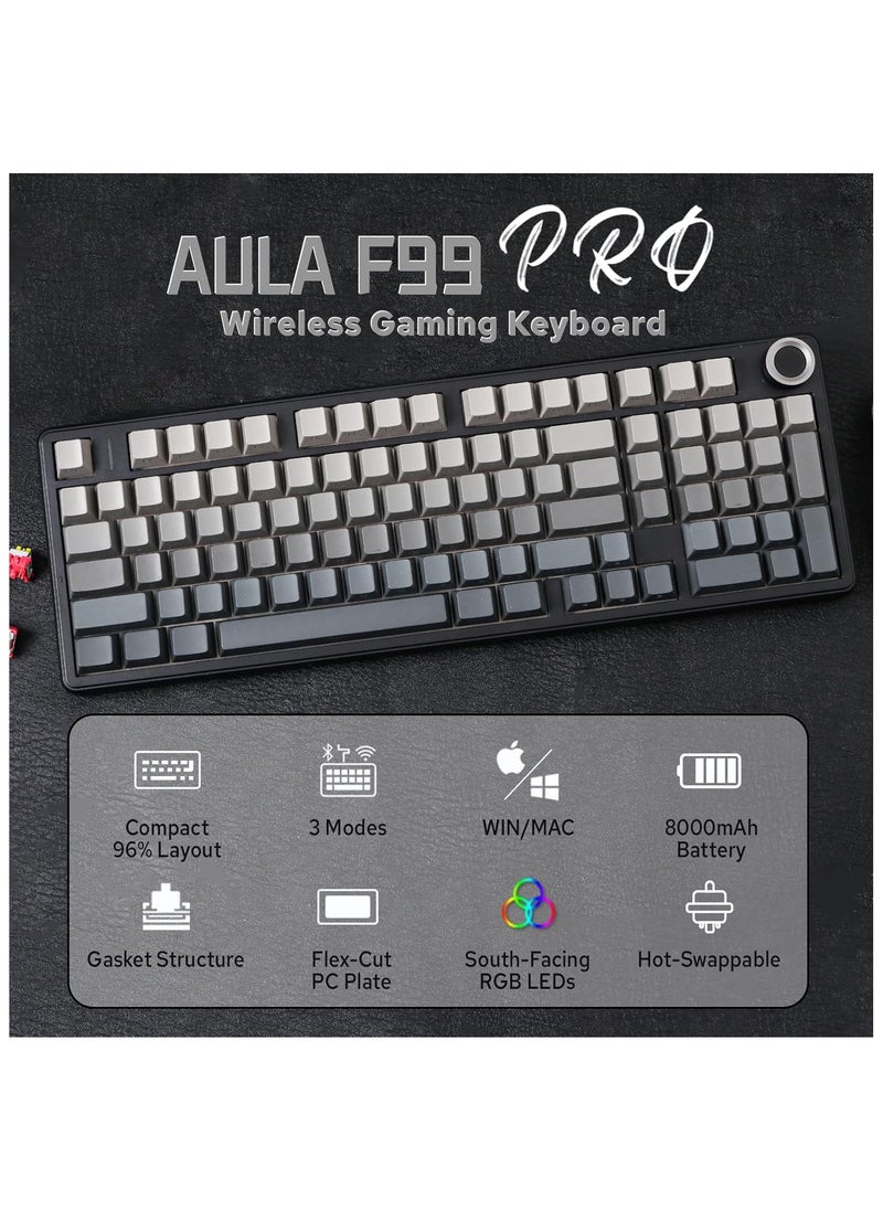 AULA F99 PRO 96% Mechanical Keyboard BT5.0/USB-C/2.4GHz Wireless Gaming Keyboard with Hot Swap Gasket Custom Keyboard 8000mAH Battery Knob for Win/Mac with RGB Backlight (Nimbus Switch V3 Black)