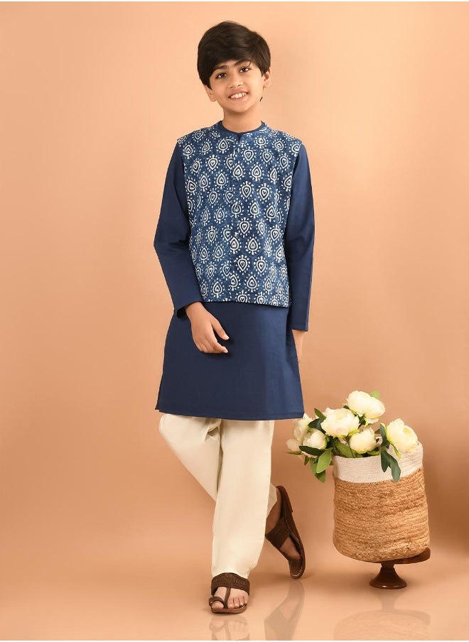 Printed Kurta Pajama Set with Nehru Jacket