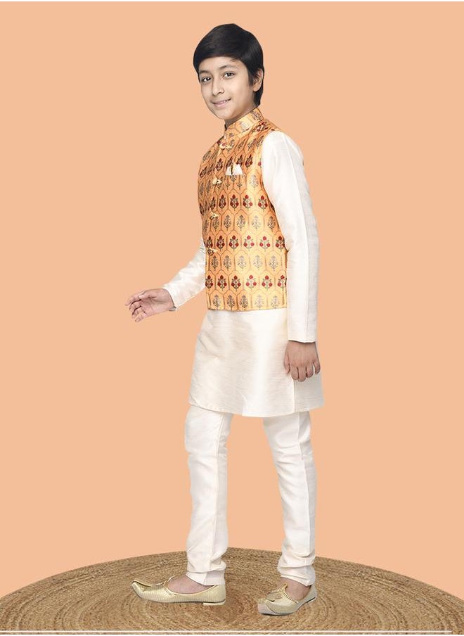 Solid Kurta Pyajama Set with Printed Nehru Jacket