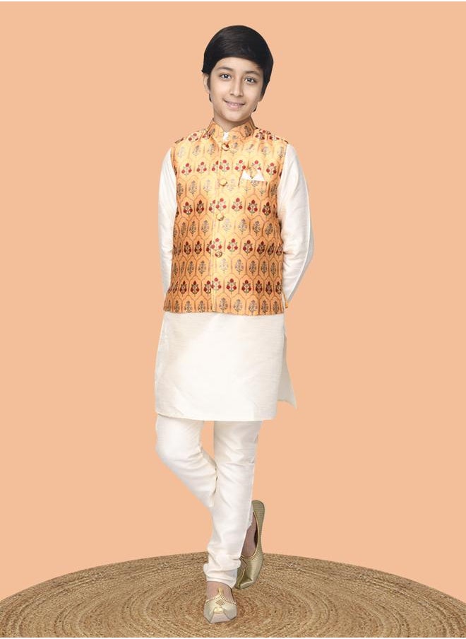 Solid Kurta Pyajama Set with Printed Nehru Jacket