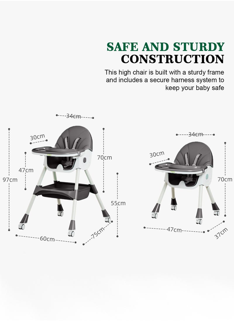 IRIS 3 in 1 Baby High Chair for Kids,  Baby Feeding Chair Booster Seat with Rocker, Wheels, Storage, Recline, Tray & Footrest, Foldable High Chair for Baby Toddlers 6 months to 4 Years Grey