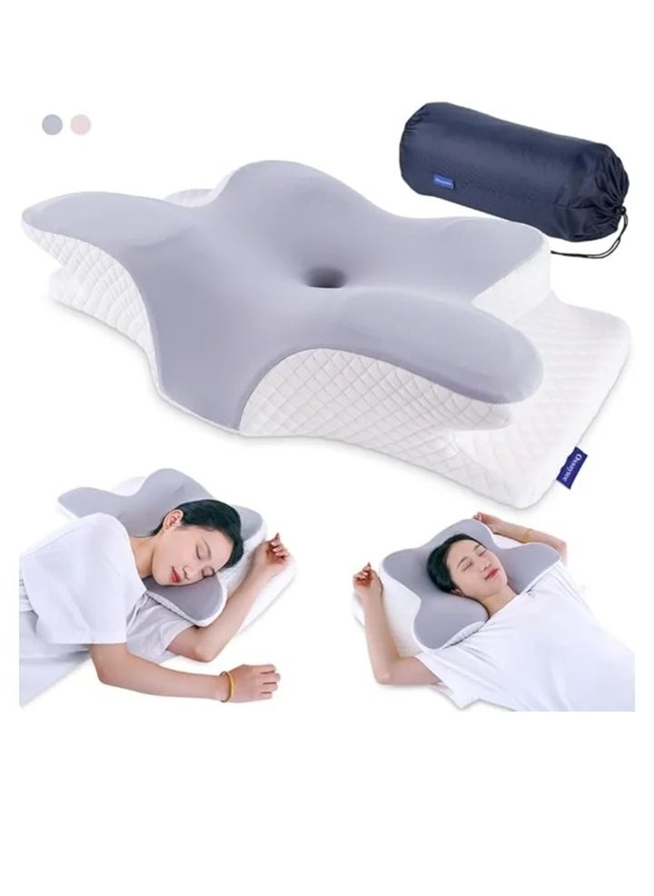 Memory Foam Butterfly-Shaped Cervical Pillow for Shoulder and Neck Pain Relief, Ergonomic Orthopedic Support for Side, Back, and Stomach Sleeping, Washable Cover Included, Grey