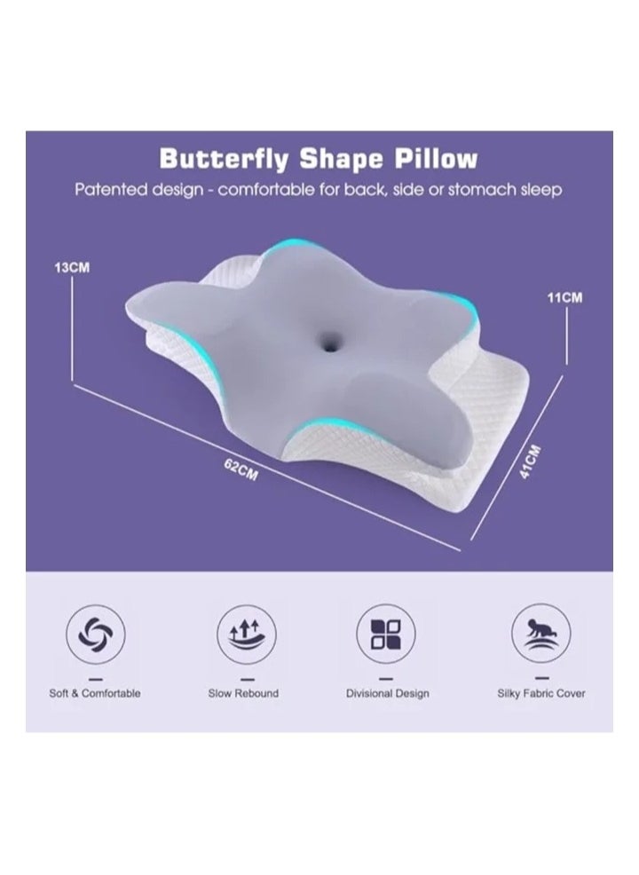 Memory Foam Butterfly-Shaped Cervical Pillow for Shoulder and Neck Pain Relief, Ergonomic Orthopedic Support for Side, Back, and Stomach Sleeping, Washable Cover Included, Grey