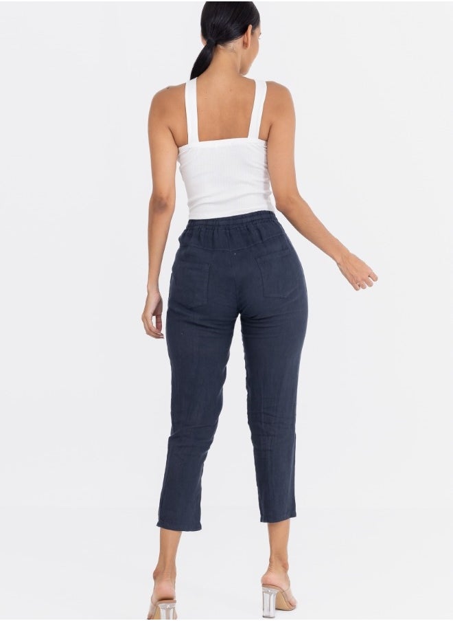 Stylish Navy Blue Women's Cropped Linen Pants with Drawstring Waist