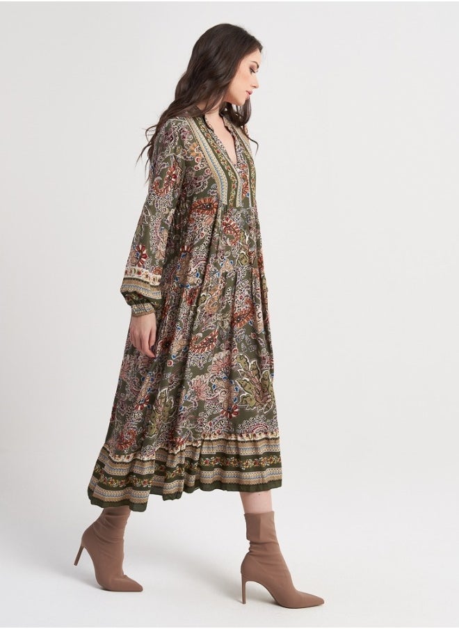 Bohemian Paisley Maxi Dress - Olive