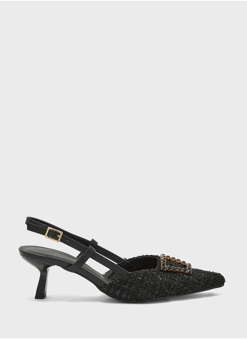 Embellished Trim Pointy Tweed Pump