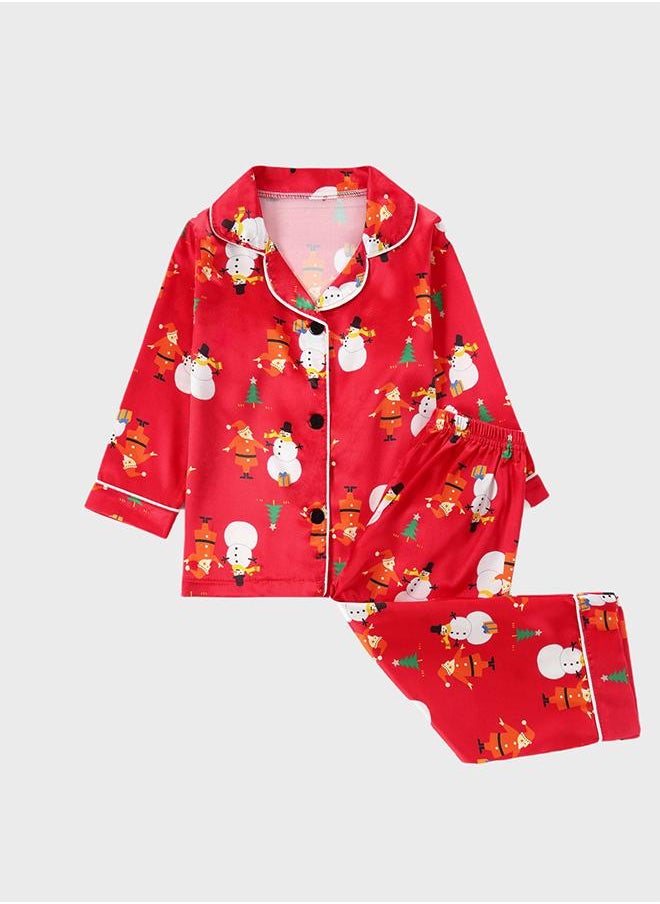 Red Christmas Pajama Set with Snowman Print