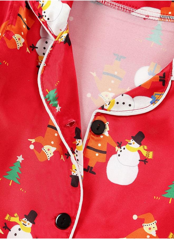 Red Christmas Pajama Set with Snowman Print