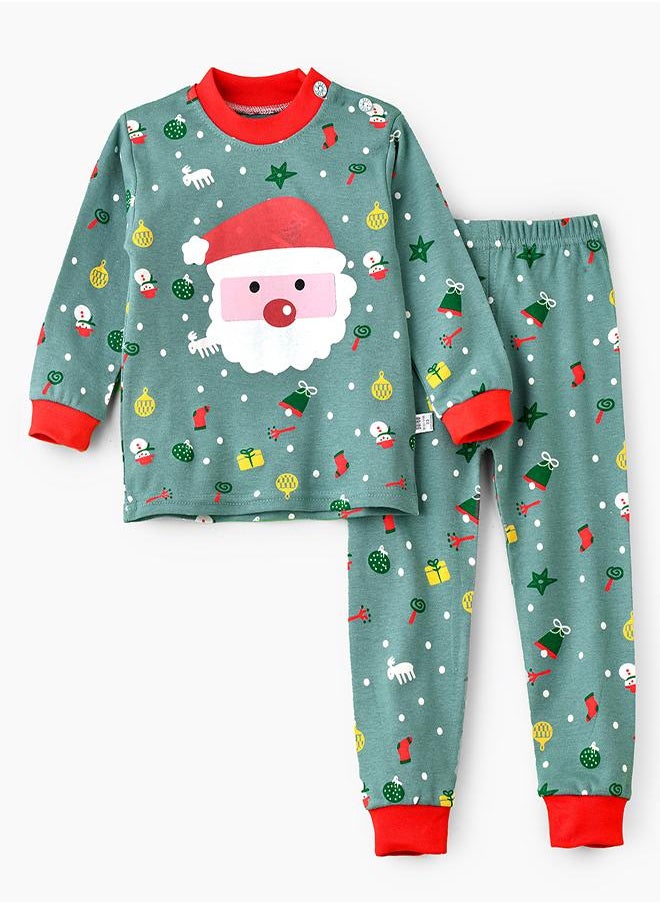 Santa Face Green Pajama Set for Kids