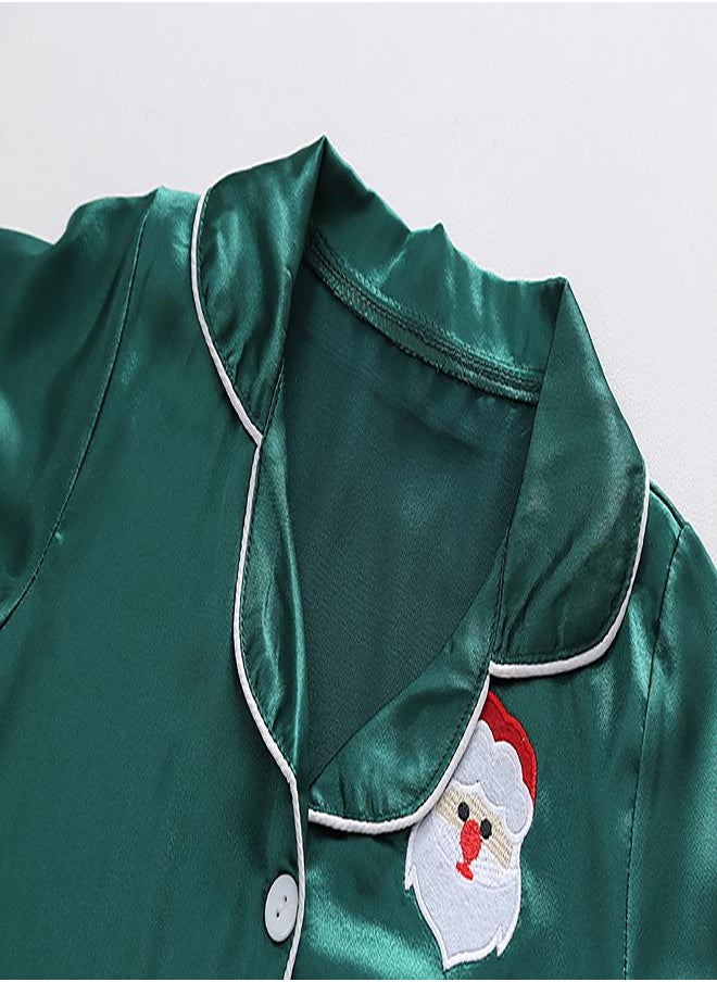 Green Satin Pajamas with Santa Embroidery