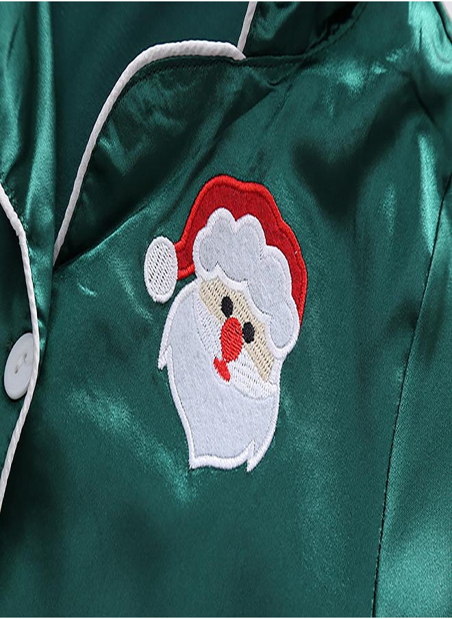 Green Satin Pajamas with Santa Embroidery