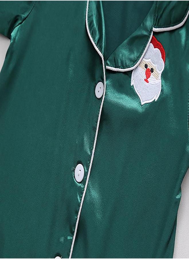 Green Satin Pajamas with Santa Embroidery