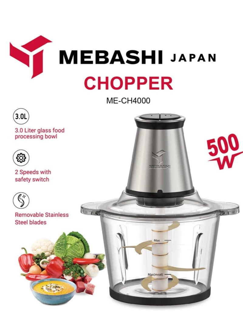 MEBASHI 3L Chopper, Two Speeds, Safety Switch, Stainless Steel Blades, (ME-CH4000) Black(500W)