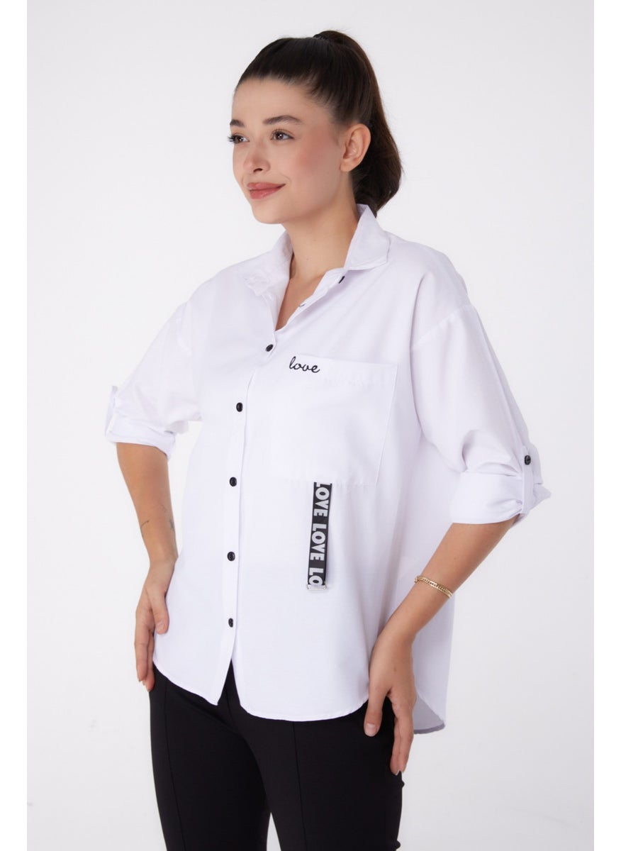 Plain Shirt Collar Women's White Single Pocket Shirt - 26267