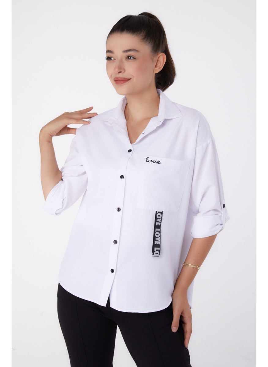 Plain Shirt Collar Women's White Single Pocket Shirt - 26267