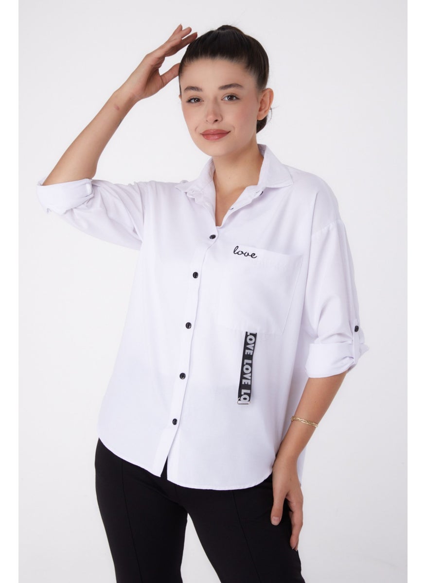 Plain Shirt Collar Women's White Single Pocket Shirt - 26267