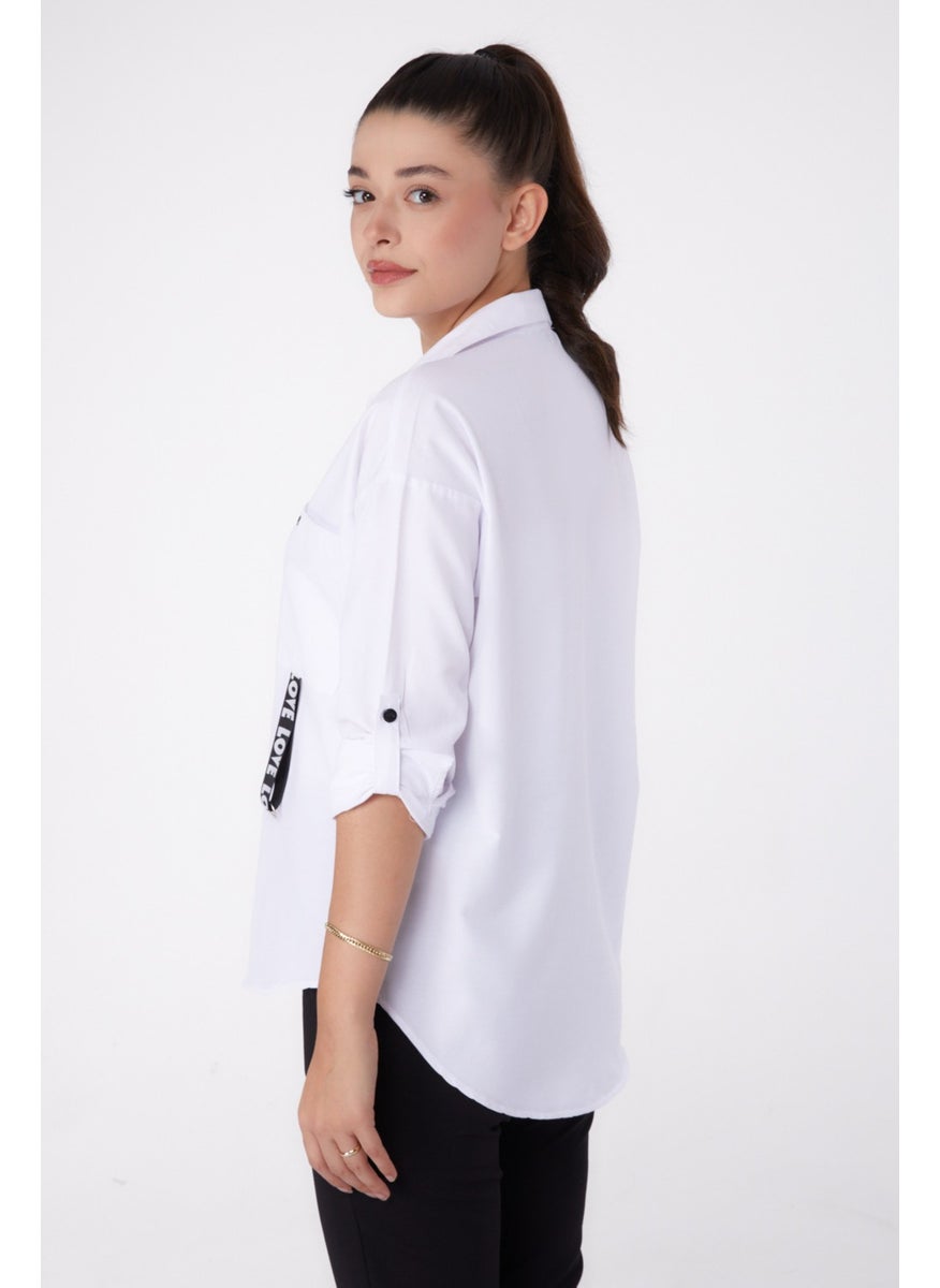 Plain Shirt Collar Women's White Single Pocket Shirt - 26267