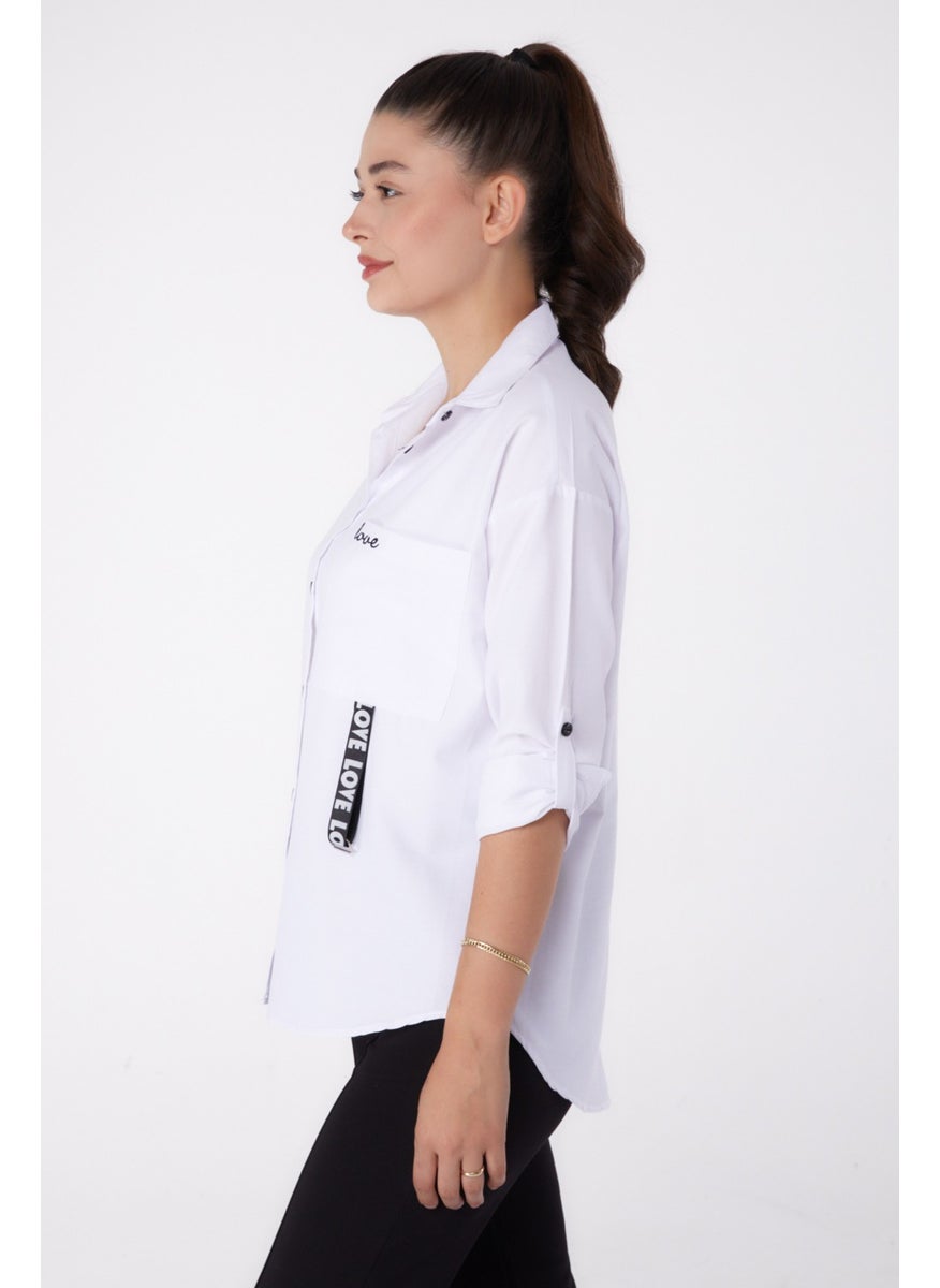 Plain Shirt Collar Women's White Single Pocket Shirt - 26267