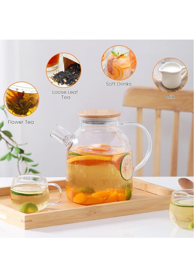 Glass Pitcher with Bamboo Lid, Glass Teapot Stovetop & Microwave Safe, Glass Borosilicate Teapot with Removable Filter Spout