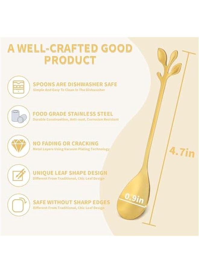 20 Pack Stainless Steel Leaf Coffee Spoon Tableware Dessert Spoons, Stirring, Mixing, Sugar, Stir, Ice Cream, Cake, Teaspoon 4.7 inch Gold