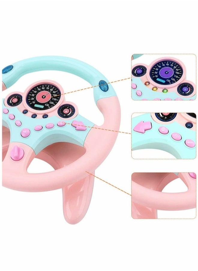 Musical Toys, Kids Steering Wheel for Backseat with Car Key Pretend Driving Simulated Driving Steering Wheel Toy with Light and Music Gifts, for Kids, Pink