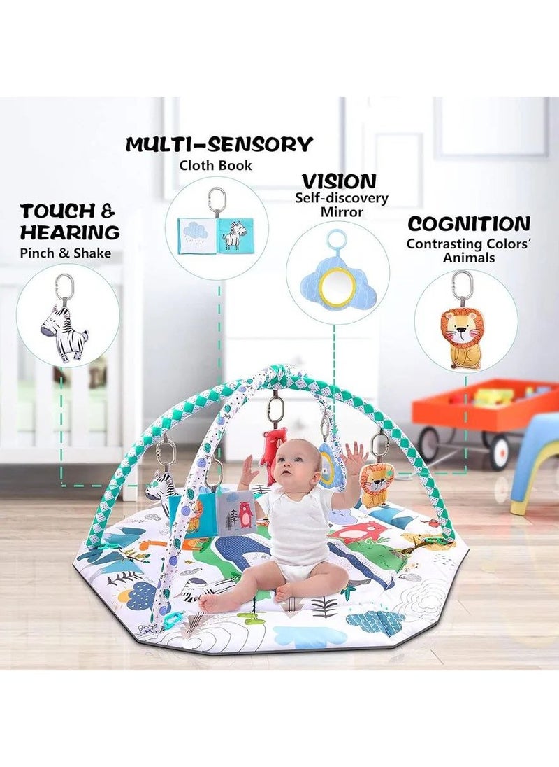 Tummy Time Mat, 4-in-1 Baby Play Mat Gym Activity for Infants Toddlers, with High Contrast Toys & Self-Discovery Mirror & Tummy Time Pillow for Sensory and Motor Skill Development.