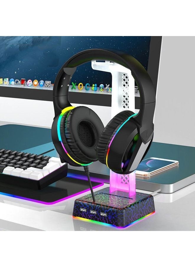 Z3 Cracked With 3USB Expansion Port Headphone Stand RGB Ambient Light Headphone Display Holder(Black)