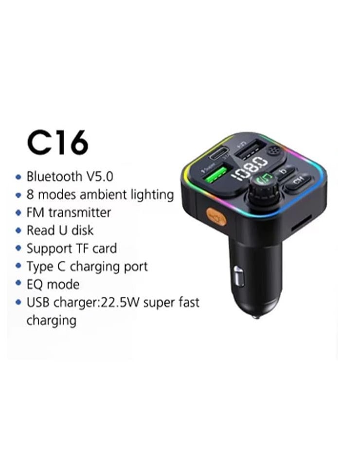 Wireless Car Bluetooth 5.0 FM Transmitter Radio Receiver, Handsfree Call Car Charger MP3 Car Audio Music Stereo Adapter with 2 USB Ports, Type-C, Microphone, LED Backlight