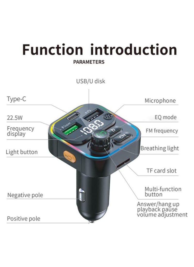 Wireless Car Bluetooth 5.0 FM Transmitter Radio Receiver, Handsfree Call Car Charger MP3 Car Audio Music Stereo Adapter with 2 USB Ports, Type-C, Microphone, LED Backlight