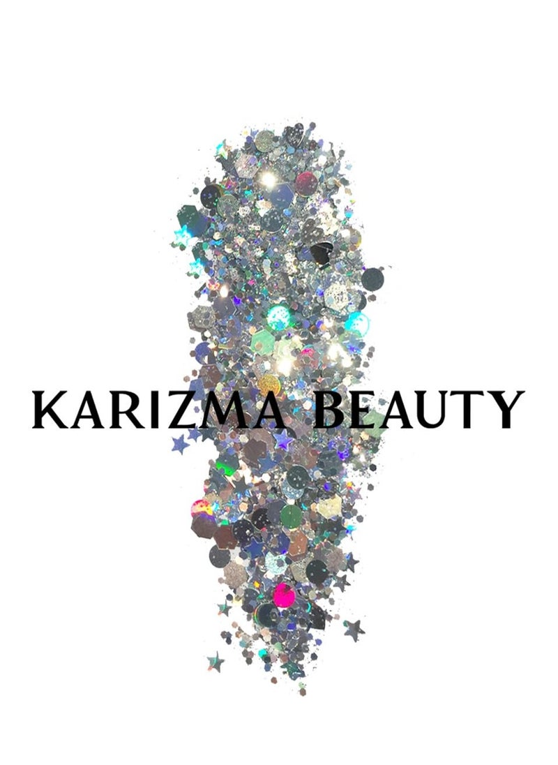KARIZMA Holographic Silver Body Glitter. 10g Glitter for Chunky Face , Hair, Eye and Body for Women. Rave Glitter, Festival Accessories, Cosmetic Makeup. Loose Glitter Set