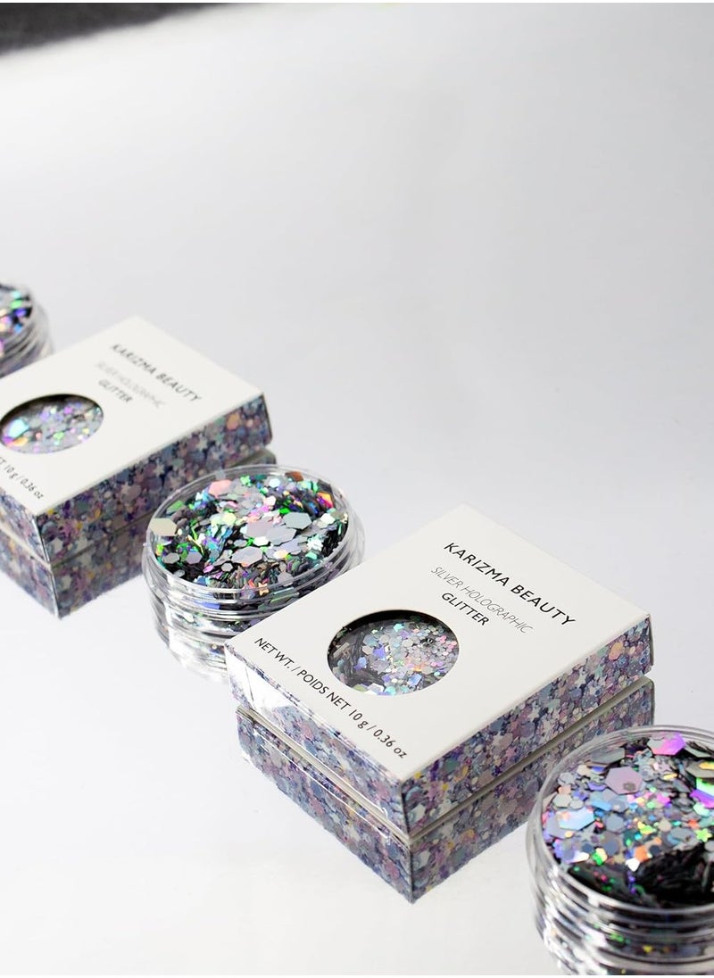 KARIZMA Holographic Silver Body Glitter. 10g Glitter for Chunky Face , Hair, Eye and Body for Women. Rave Glitter, Festival Accessories, Cosmetic Makeup. Loose Glitter Set