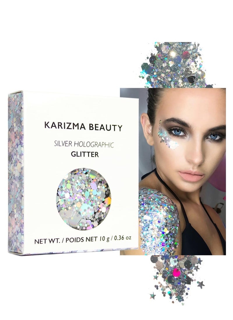 KARIZMA Holographic Silver Body Glitter. 10g Glitter for Chunky Face , Hair, Eye and Body for Women. Rave Glitter, Festival Accessories, Cosmetic Makeup. Loose Glitter Set
