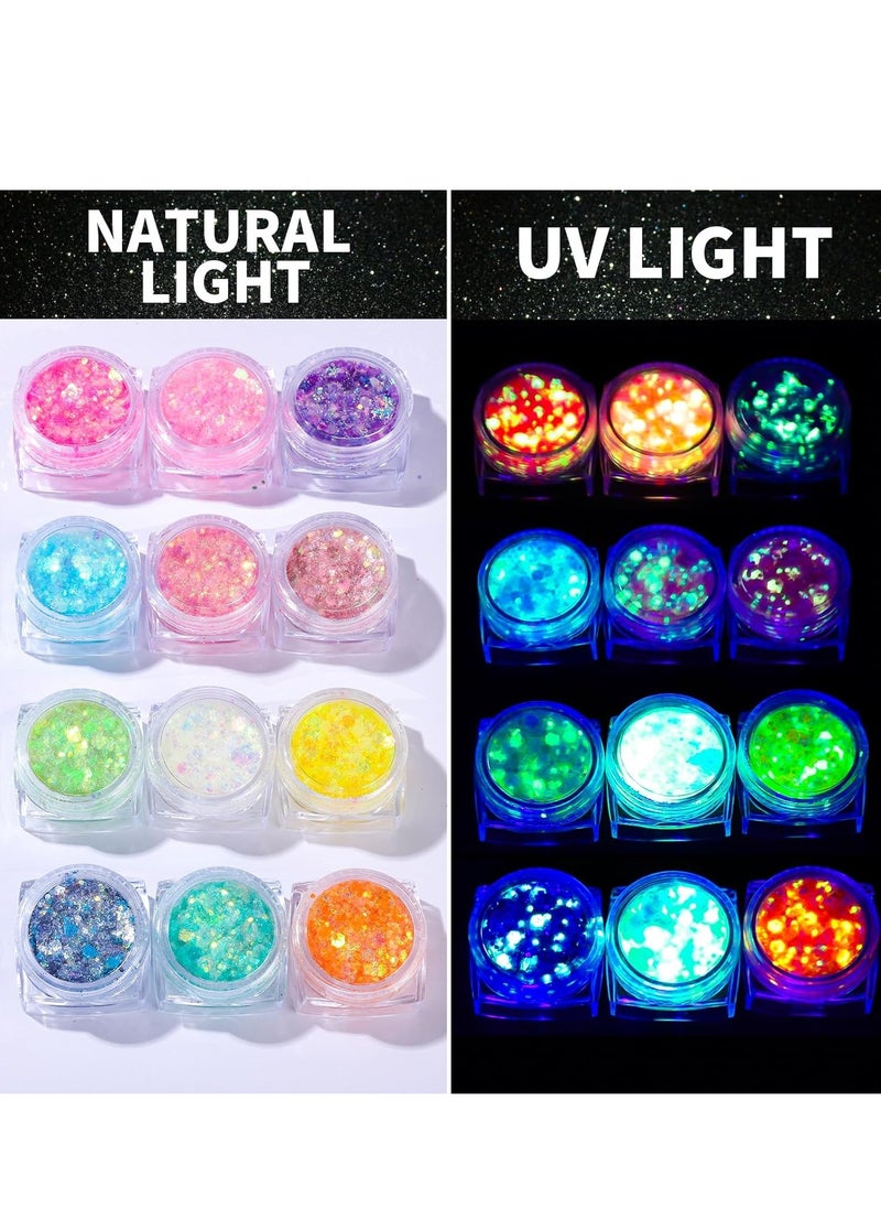 Teenitor 12 Colors Glow in The Dark Glitter Gel, Body Glitter Gel Face Glitter Gel Hair Glitter Gel, UV Black Light Glitter, Chunky Glitter Makeup for Raves Festivals