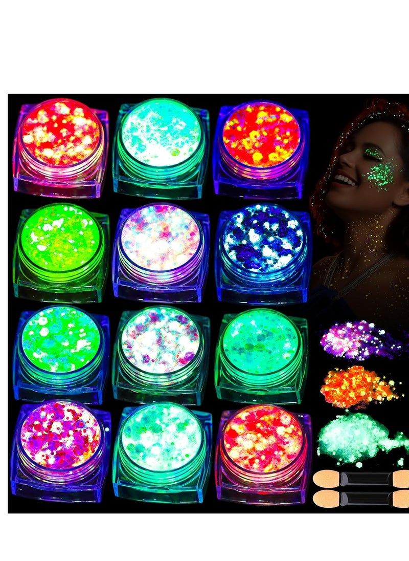 Teenitor 12 Colors Glow in The Dark Glitter Gel, Body Glitter Gel Face Glitter Gel Hair Glitter Gel, UV Black Light Glitter, Chunky Glitter Makeup for Raves Festivals