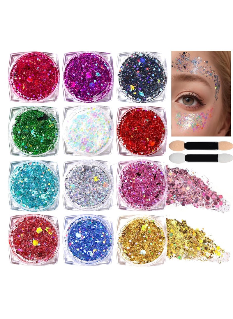 Teenitor Body Glitter Face Glitter Makeup Festival Glitter Gel, 12 Colors Face and Body Glitter Gel, Hair Glitter Gel, Glitter Gel Makeup, Glitter for Face and Hair, Halloween Makeup