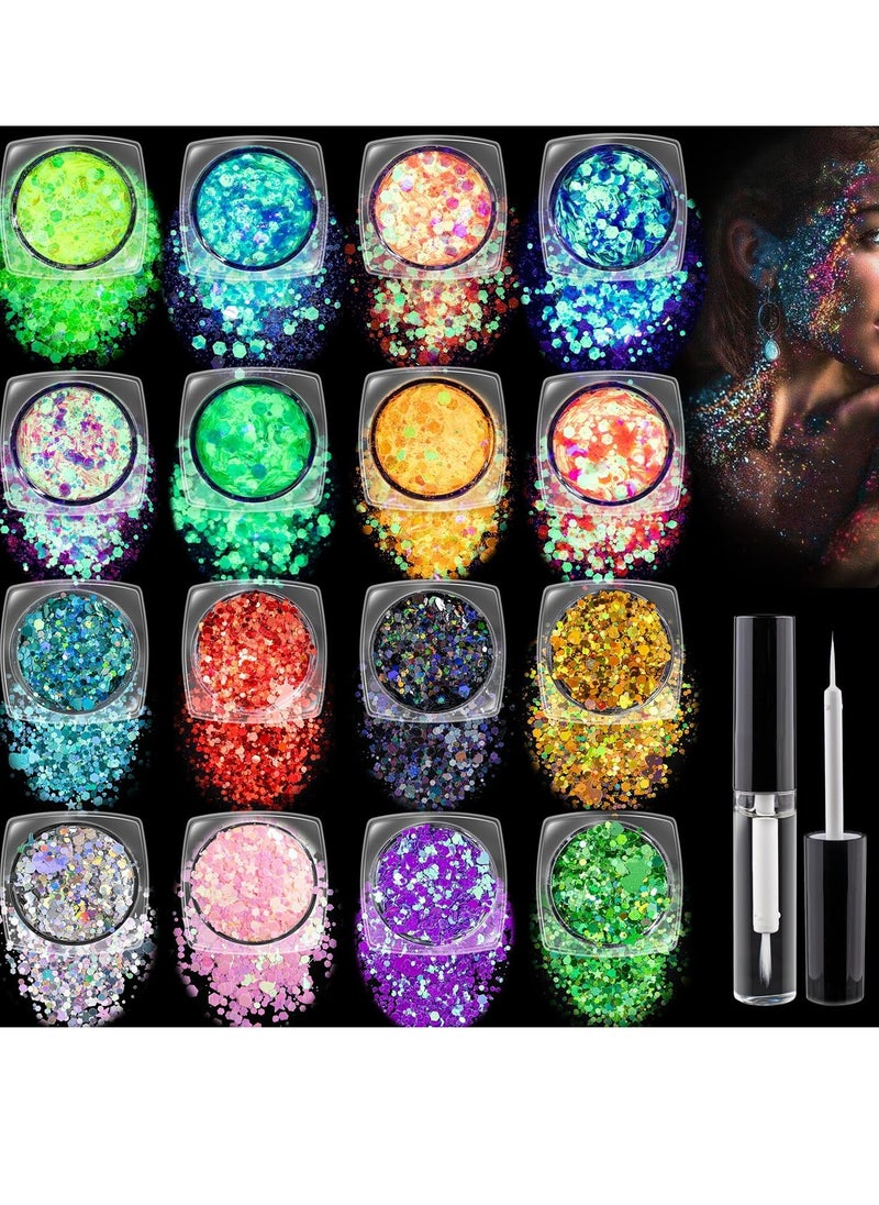 Chunky Glitter 8 Colors and Glow in The Dark Glitter 8 Colors with Glue Set 1, Holographic Body Glitter + Glow Glitter for Women Face Body Nail Hair Makeup at The Concert/Festival/Rave Party