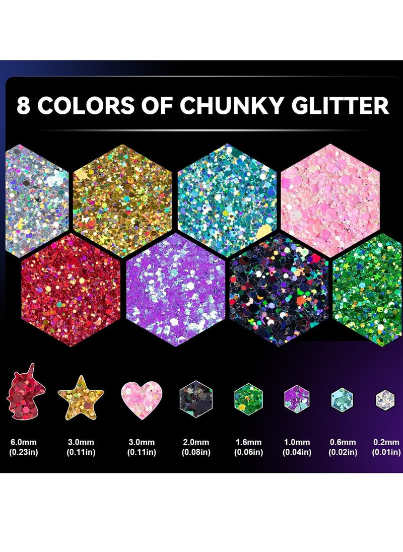 Chunky Glitter 8 Colors and Glow in The Dark Glitter 8 Colors with Glue Set 1, Holographic Body Glitter + Glow Glitter for Women Face Body Nail Hair Makeup at The Concert/Festival/Rave Party