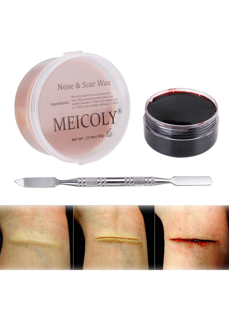 MEICOLY 3pcs SFX Special Effects Makeup Kit,Scar Wax Fake Scar Modeling Wax for Fake Scar and Wound with Spatula (1.67Oz),Fake Blood Scab Coagulated Blood Gel(1.06Oz),Halloween Cosplay Makeup,Dark