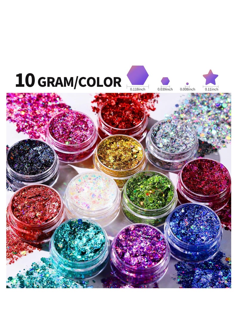 Teenitor Face Glitter Body Glitter Makeup Glitter Gel Hair Glitter, 12 Colors Body and Face Glitter Gel for Halloween Makeup, Star Glitter for Face, Body, Hair, 10g/Color