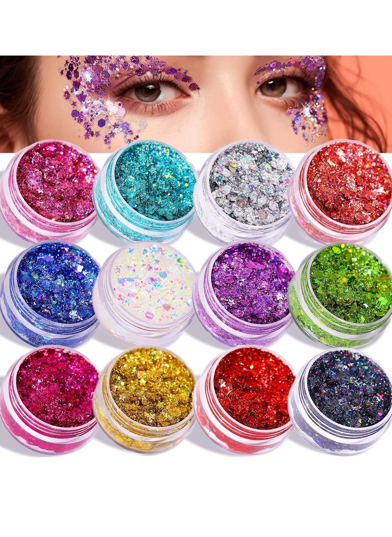 Teenitor Face Glitter Body Glitter Makeup Glitter Gel Hair Glitter, 12 Colors Body and Face Glitter Gel for Halloween Makeup, Star Glitter for Face, Body, Hair, 10g/Color