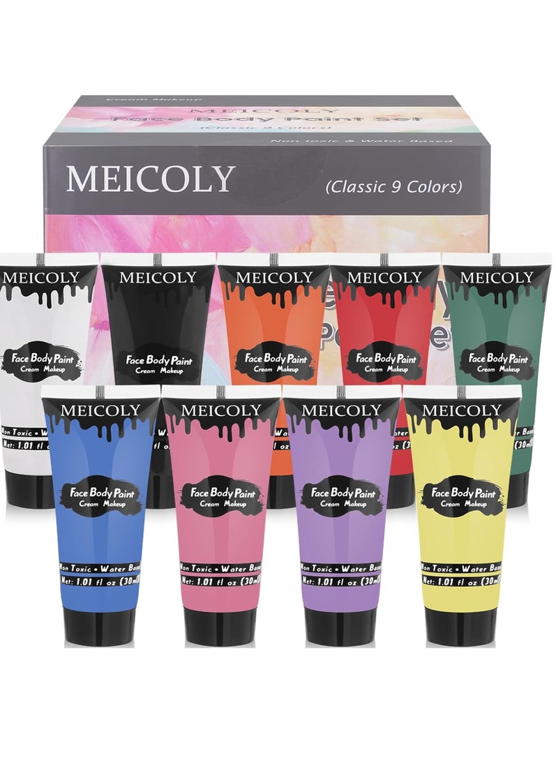 MEICOLY 9 Colors Face Body Paint Set,1.01x9oz/Box,Kids and Adults Water Based Face Paint Kit,Safe Cream Body Paint for Skin,Face Painting for Halloween SFX Cosplay Makeup Stage Performance,Vegan