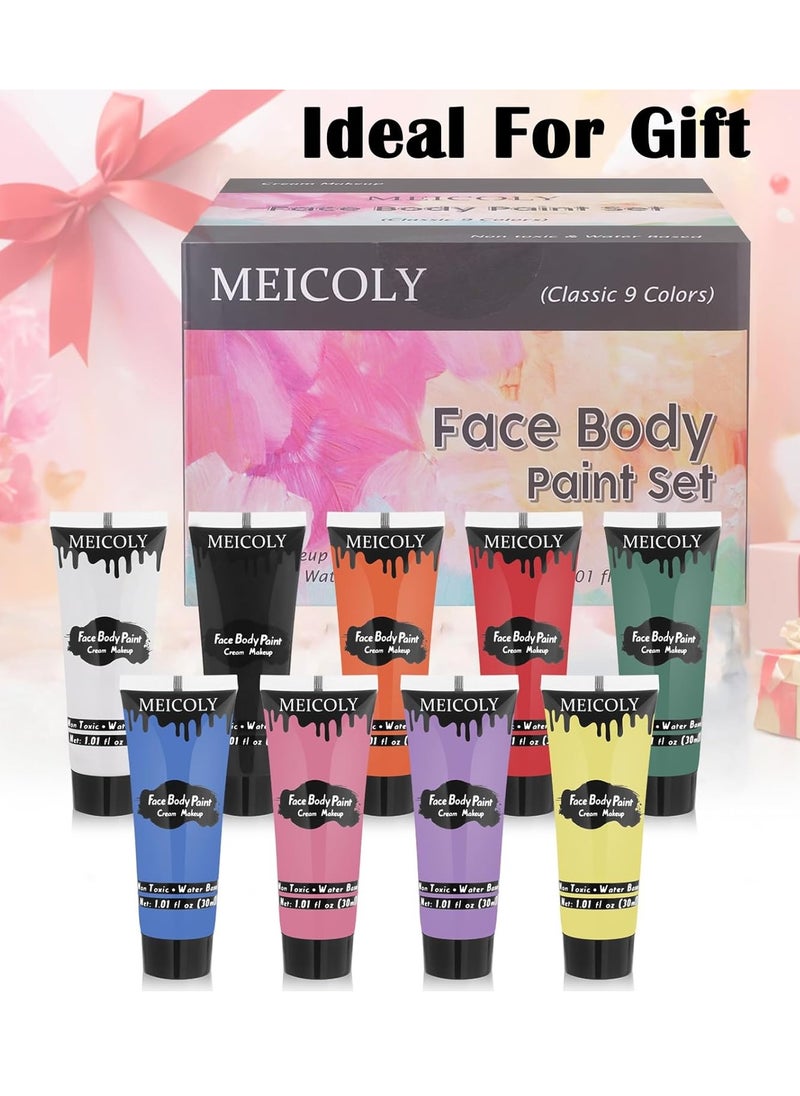 MEICOLY 9 Colors Face Body Paint Set,1.01x9oz/Box,Kids and Adults Water Based Face Paint Kit,Safe Cream Body Paint for Skin,Face Painting for Halloween SFX Cosplay Makeup Stage Performance,Vegan